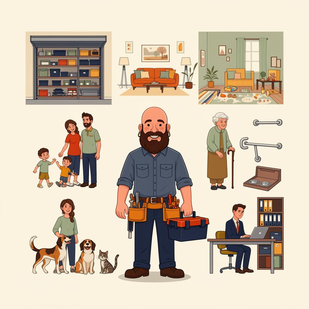Edgar surrounded by a family, pet, elder, and business person — illustrating all the spaces he helps with